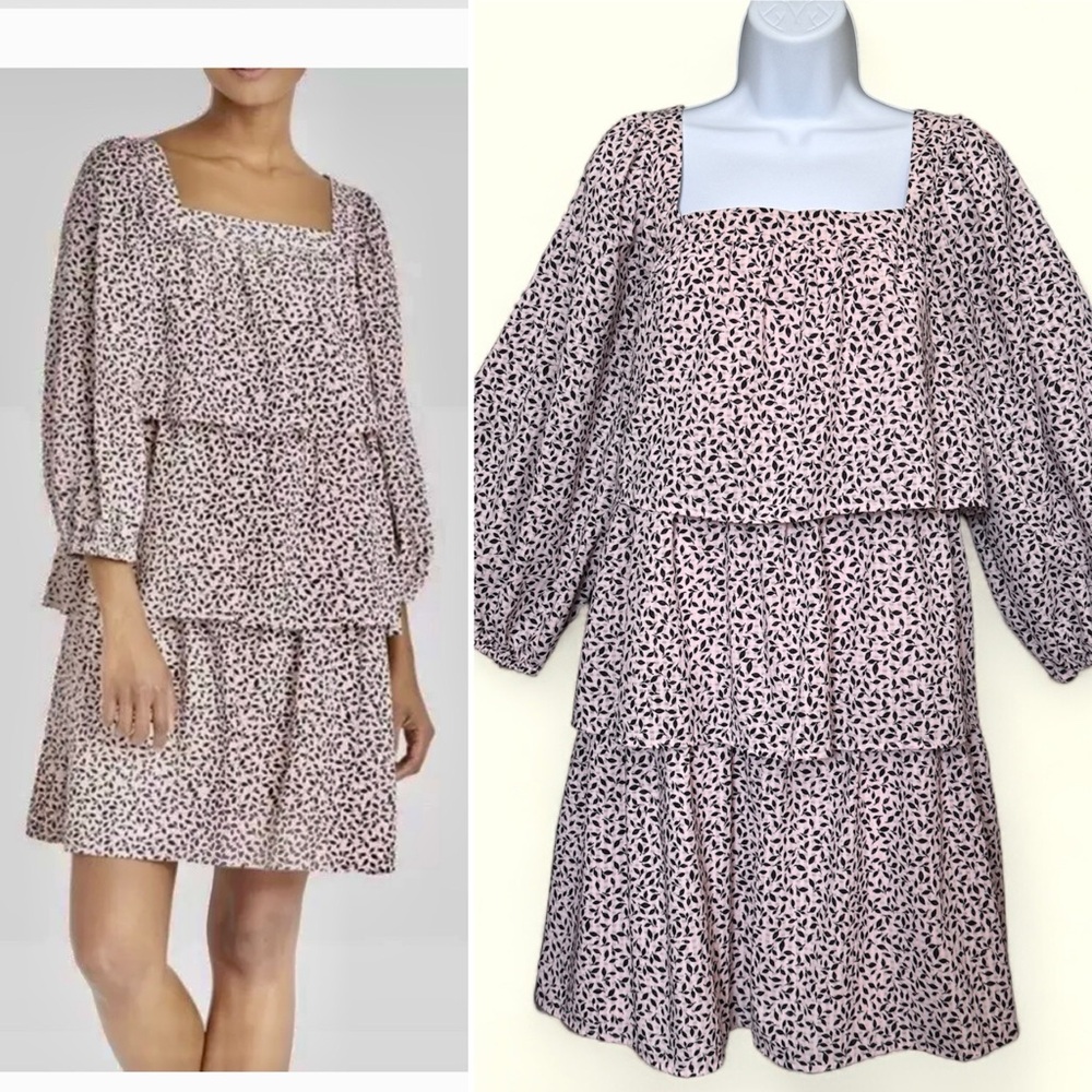 WHO WHAT WEAR TIERED RUFFLE MINI DRESS. BISHOP SLEEVE, SQUARE NECK. LIKE NEW!